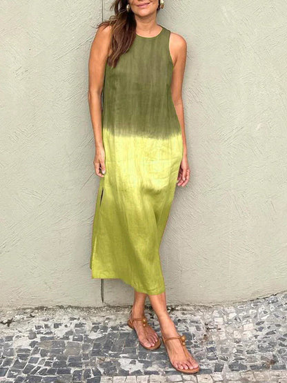 CD | Rochie midi de damă - Ținută relaxată - Fără mâneci - Fibre naturale - Fantă laterală - Design gradient