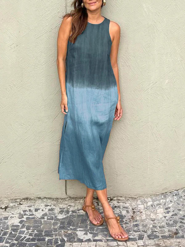 CD | Rochie midi de damă - Ținută relaxată - Fără mâneci - Fibre naturale - Fantă laterală - Design gradient