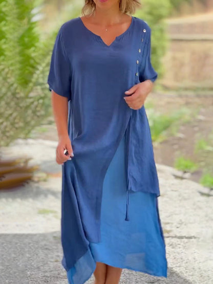 CD | Asimetric de vară V-Neck scurte maneca Patchwork Split vrac Casual glezna lungime rochie lungă