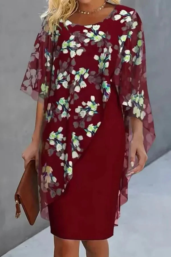 CD | Chiffon florale imprimare rotund gât Casual Mini rochie