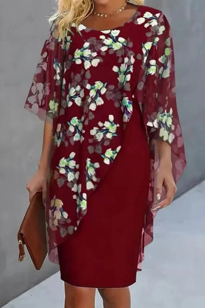 CD | Chiffon florale imprimare rotund gât Casual Mini rochie