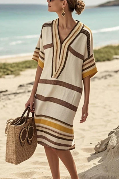 CD | Fashion Striped print V-neck Loose rochie midi pentru vacanțe