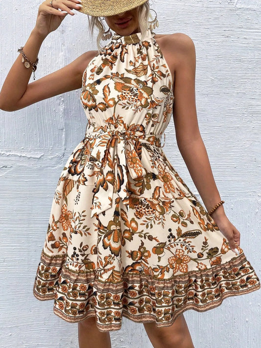 CD | Rochie mini de vară cu flori și guler tip halterneck