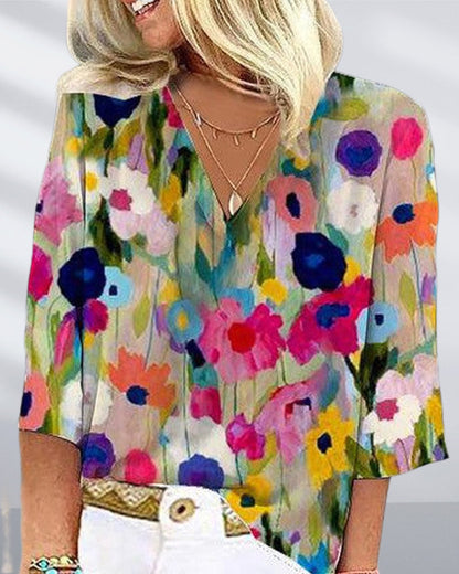 CD | Bluză casual colorată cu imprimeu floral, decolteu în V și mâneci trei sferturi