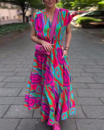 CD | Rochie lungă cu imprimeu colorat, decolteu în V și mâneci raglan