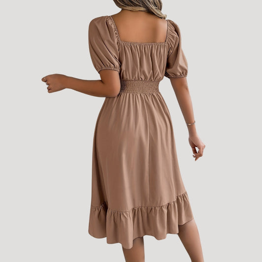 CD | Rochie midi cu mâneci bufante cu talie smocked