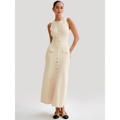 CD | Rochie maxi elegantă fără mâneci cu nasturi pentru femei