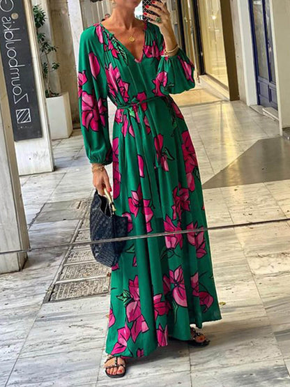 CD | Rochie maxi pentru femei - imprimeu floral - decolteu în V - mâneci lungi - curea în talie - ușor