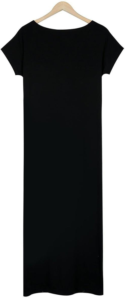 CD | Rochie maxi pentru femei - Material moale, ușor - Mâneci scurte - Ținută relaxată - Decolteu rotund - Fantă laterală - Buzunare
