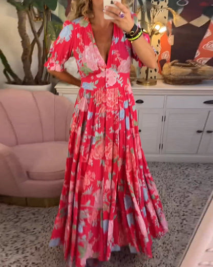 CD | Rochie maxi florală cu mânecă scurtă și decolteu în V