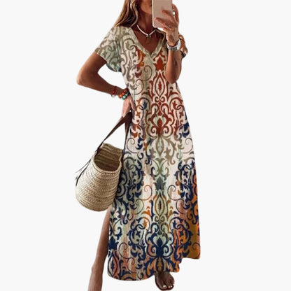 CD | Rochie maxi florală pentru femei cu decolteu în V și crăpătură laterală
