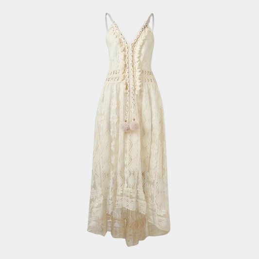 CD | Rochie midi pentru femei - Ținută relaxată - Detaliu dantelă - Decolteu în V - Stil boho - Material respirabil