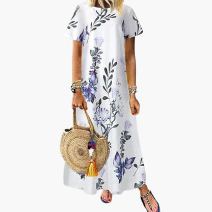 CD | Rochie maxi pentru femei cu model floral, mâneci scurte și decolteu rotund