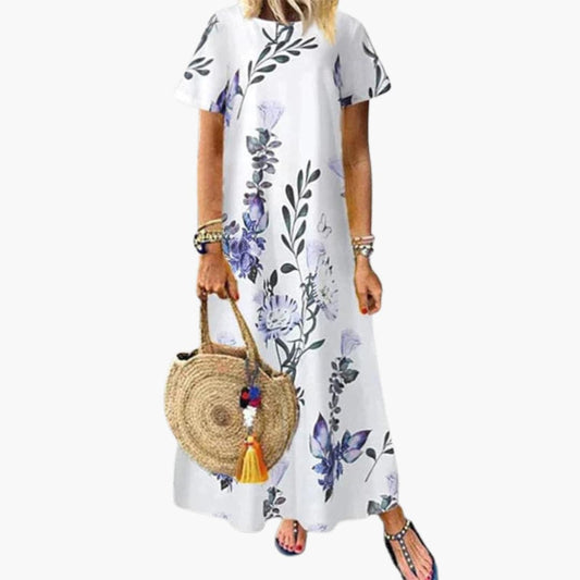 CD | Rochie maxi pentru femei cu model floral, mâneci scurte și decolteu rotund