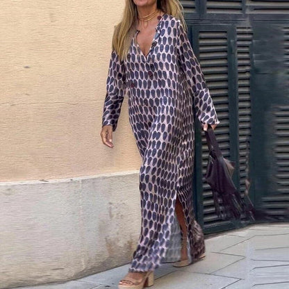 CD | Rochie maxi pentru femei - Ținută lejeră - Decolteu în V - Mâneci lungi - Fante laterale - Imprimeu îndrăzneț