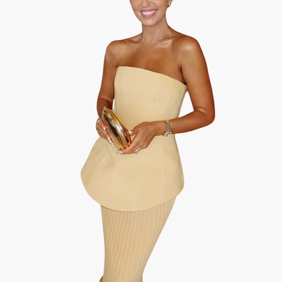 CD | Rochie maxi fără bretele pentru femei cu fustă plisată și corset peplum