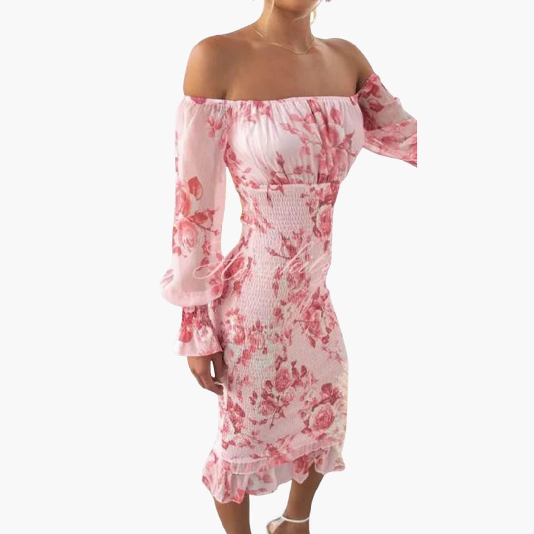 CD | Rochie midi de vară pentru femei cu imprimeu floral și mâneci transparente