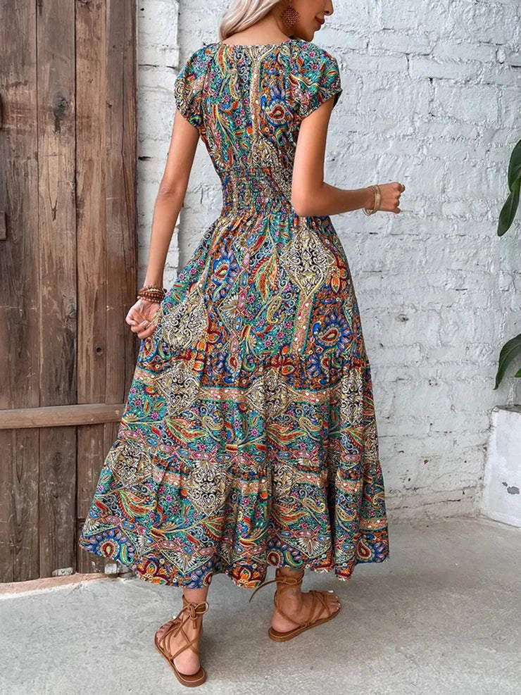 CD | Rochie lungă de vară colorată cu model paisley, adunată în talie
