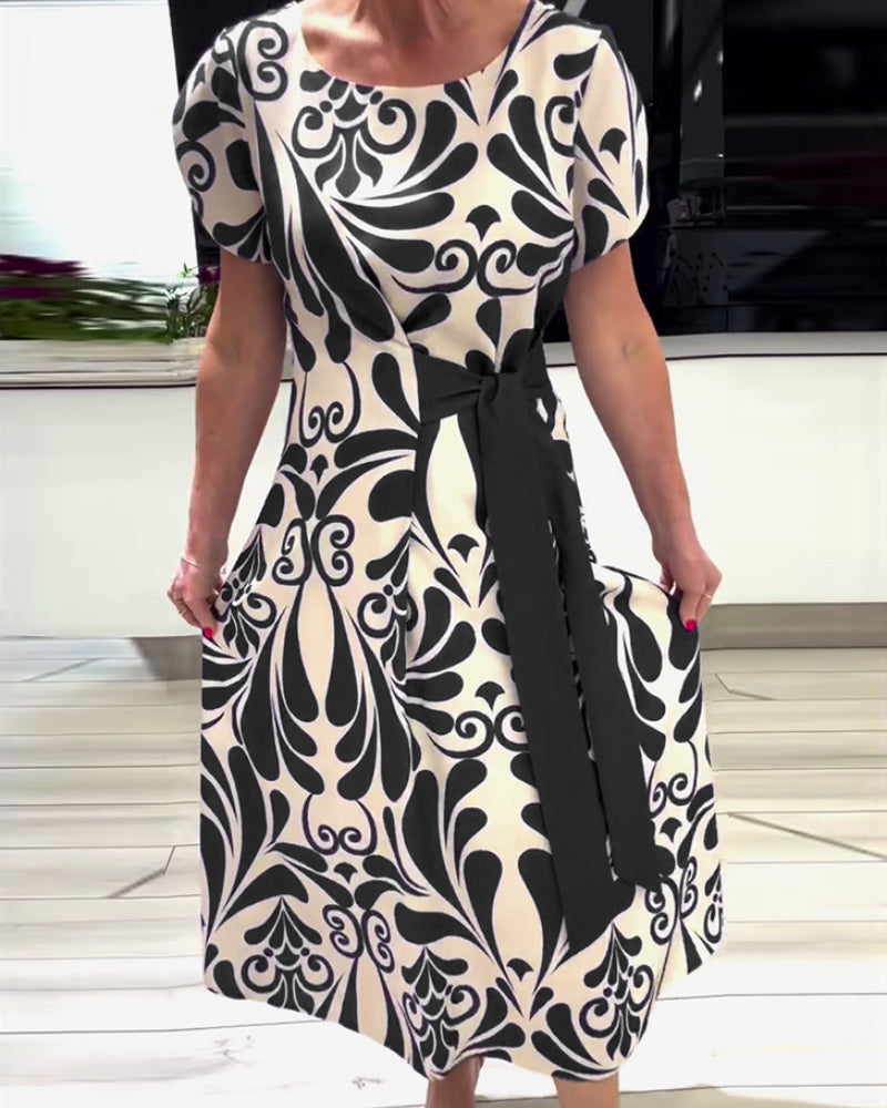 CD | Rochie elegantă cu mânecă scurtă, cu imprimeu și talie