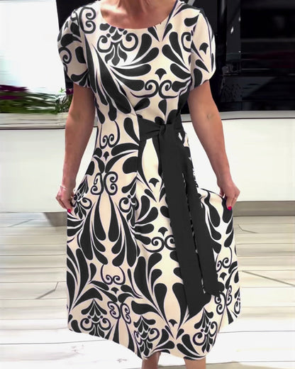 CD | Rochie elegantă cu mânecă scurtă, cu imprimeu și talie