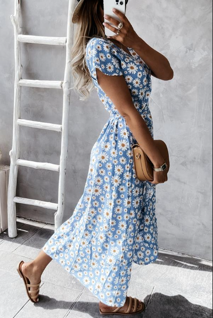CD | Rochie midi pentru femei - Siluetă A-line - Croială relaxată - Mâneci scurte - Amestec respirabil