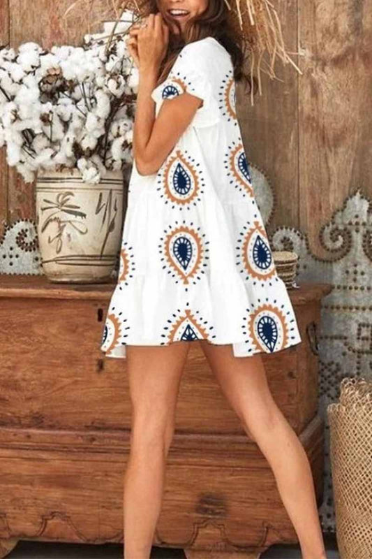 CD | Omyke gât rotund imprimare apă picătură rochie mini