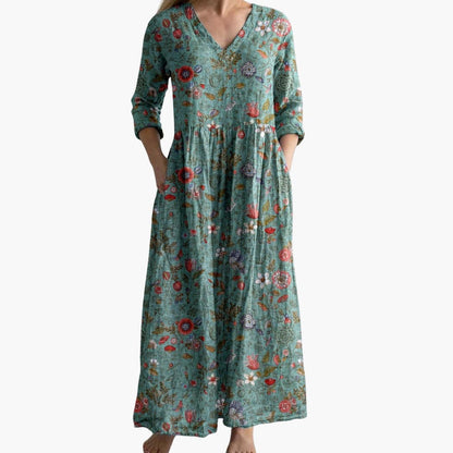 CD | Rochie lungă florală pentru femei cu decolteu în V și buzunare laterale