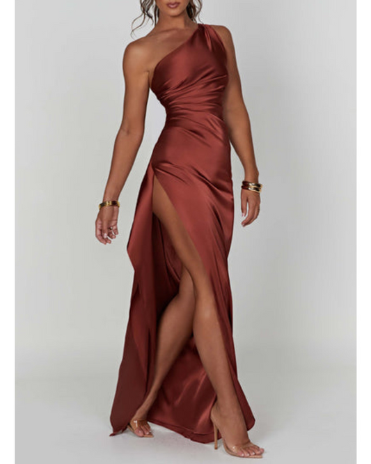 CD | Satin Off Shoulder Solid Colour Backless Slim Fit Split rochie lungă