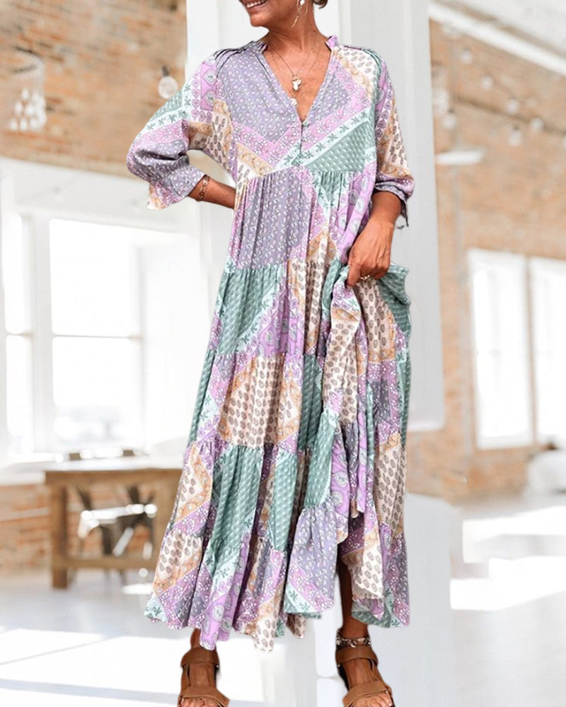CD | Rochie maxi colorată cu imprimeu colorblock și mâneci 3/4