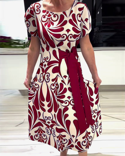 CD | Rochie elegantă cu mânecă scurtă, cu imprimeu și talie
