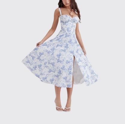 CD | Rochie midi pentru femei - fără mâneci - cu cravată în față - imprimeu floral - ușor, cu croială evazată