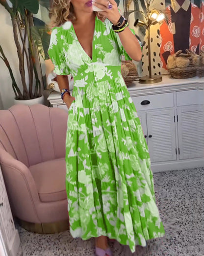 CD | Rochie maxi florală cu mânecă scurtă și decolteu în V