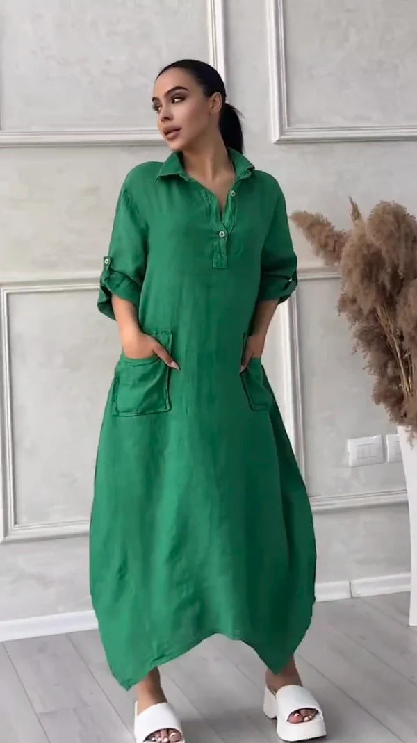 CD | Rochie maxi pentru femei din in și bumbac cu rever
