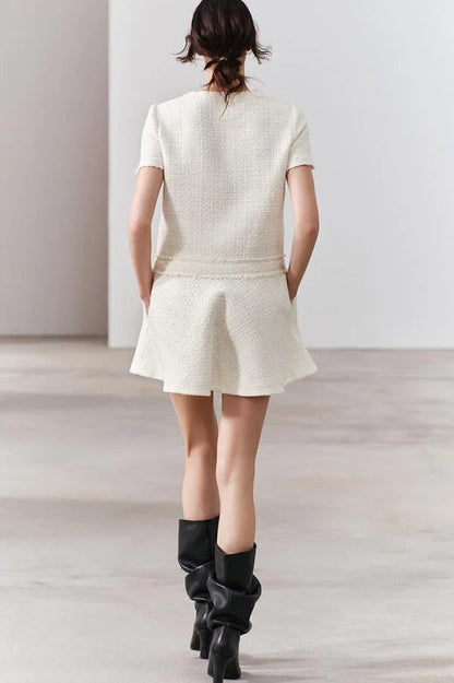 CD | 1960s London Girl tweed texturat aur buton cu mânecă scurtă buzunar mini rochie