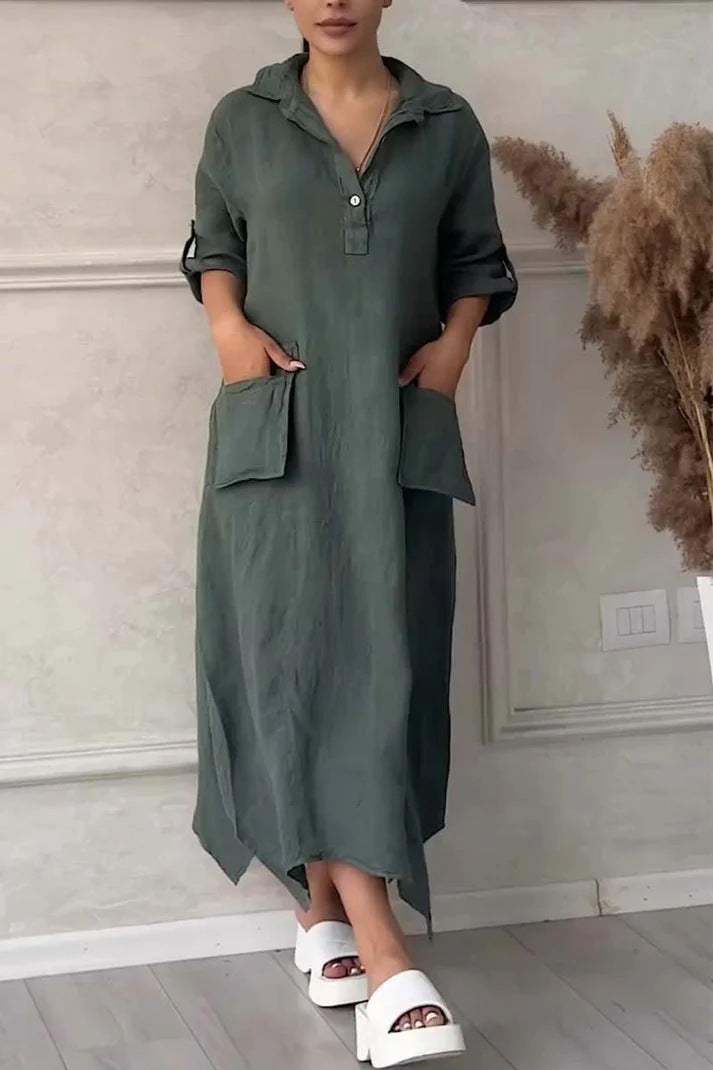 CD | Rochie maxi pentru femei din in și bumbac cu rever