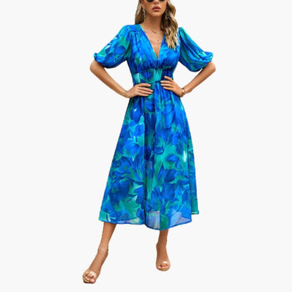 CD | Rochie midi de vară pentru femei cu imprimeu floral și mâneci lanternă