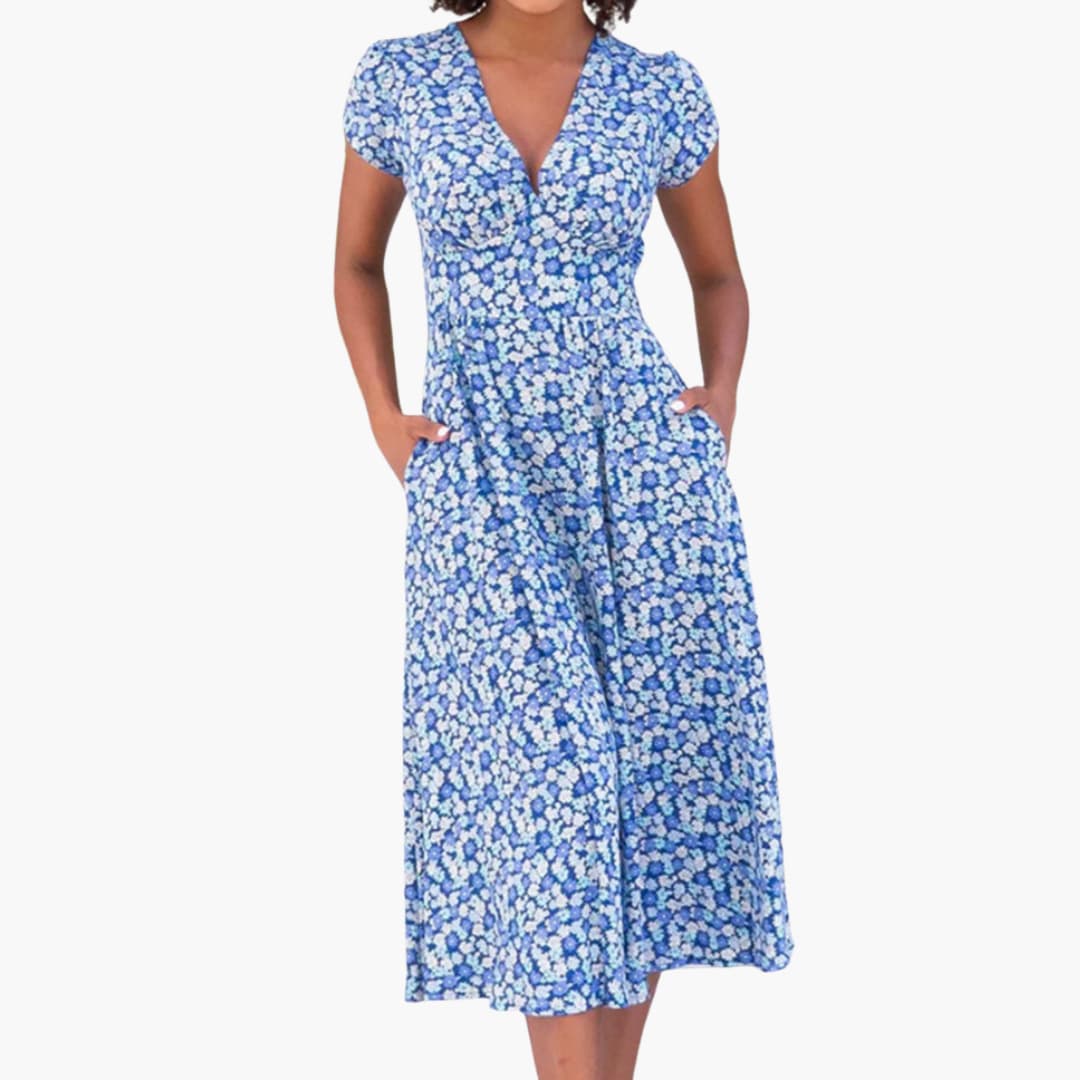 CD | Rochie midi florală pentru femei cu buzunare și mâneci scurte