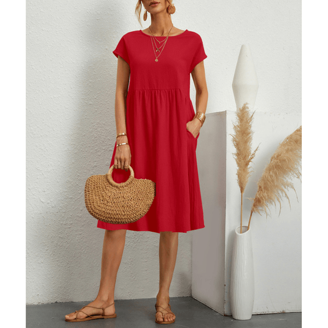 CD | Rochie midi cu mânecă scurtă din bumbac și in pentru femei