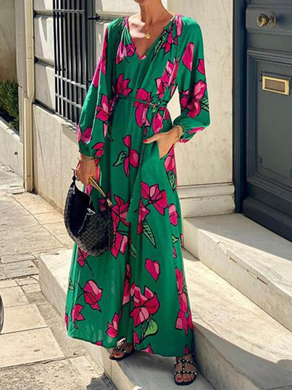 CD | Rochie maxi pentru femei - imprimeu floral - decolteu în V - mâneci lungi - curea în talie - ușor