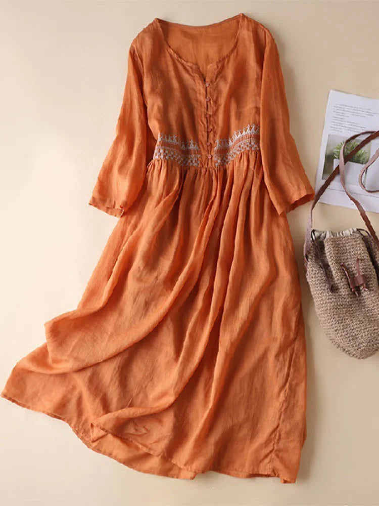 CD | Rochie midi pentru femei - Fibre naturale - Croială lejeră - Brodată - Decolteu în V - Mâneci 3/4