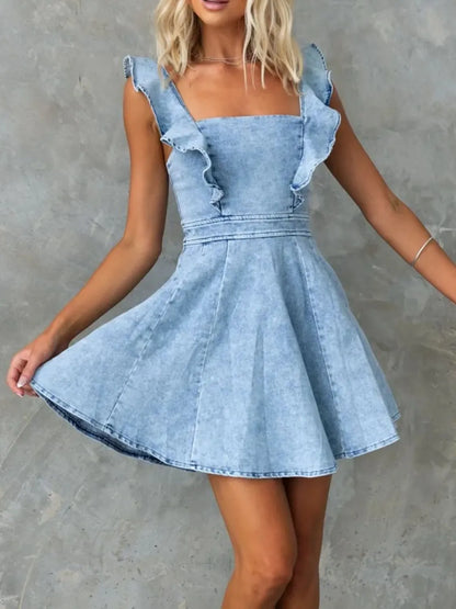 CD | Rochie mini din denim încrețită cu decolteu pătrat