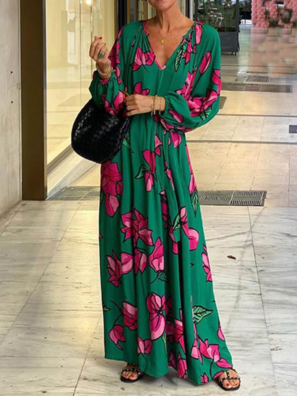 CD | Rochie maxi pentru femei - imprimeu floral - decolteu în V - mâneci lungi - curea în talie - ușor