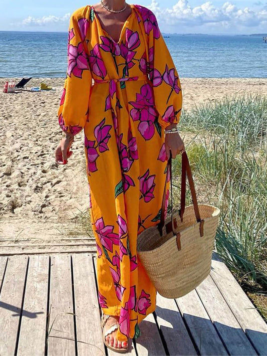 CD | Rochie maxi pentru femei - imprimeu floral - decolteu în V - mâneci lungi - curea în talie - ușor