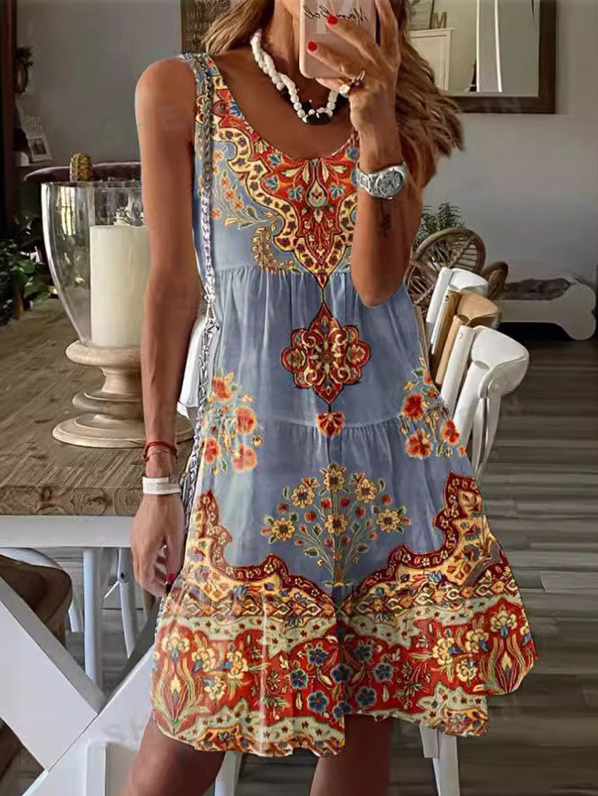 CD | Boho rotund gât model floral mini rochie fără mâneci