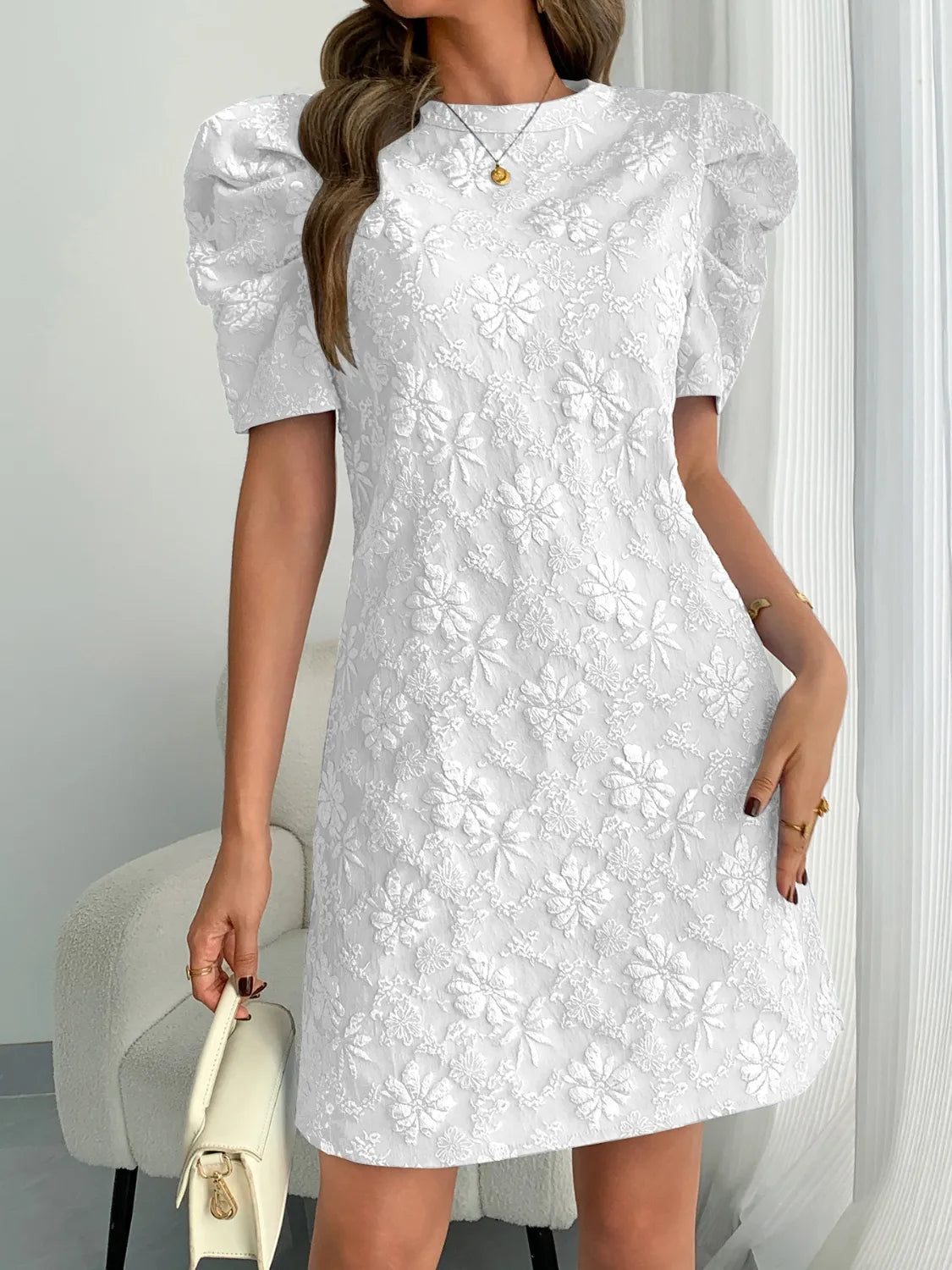 CD | Gât rotund puffy cu mânecă scurtă rochie mini