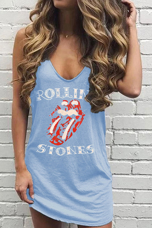 CD | Mini rochie albastră cu imprimare pe buze Rolling Stones