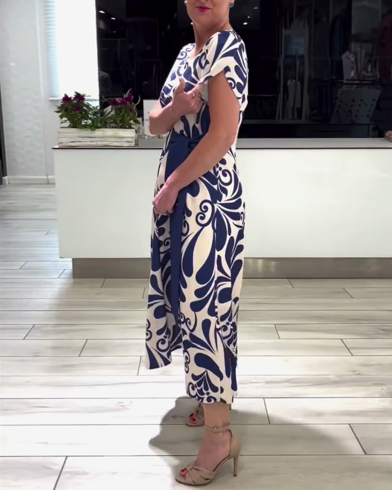 CD | Rochie elegantă cu mânecă scurtă, cu imprimeu și talie