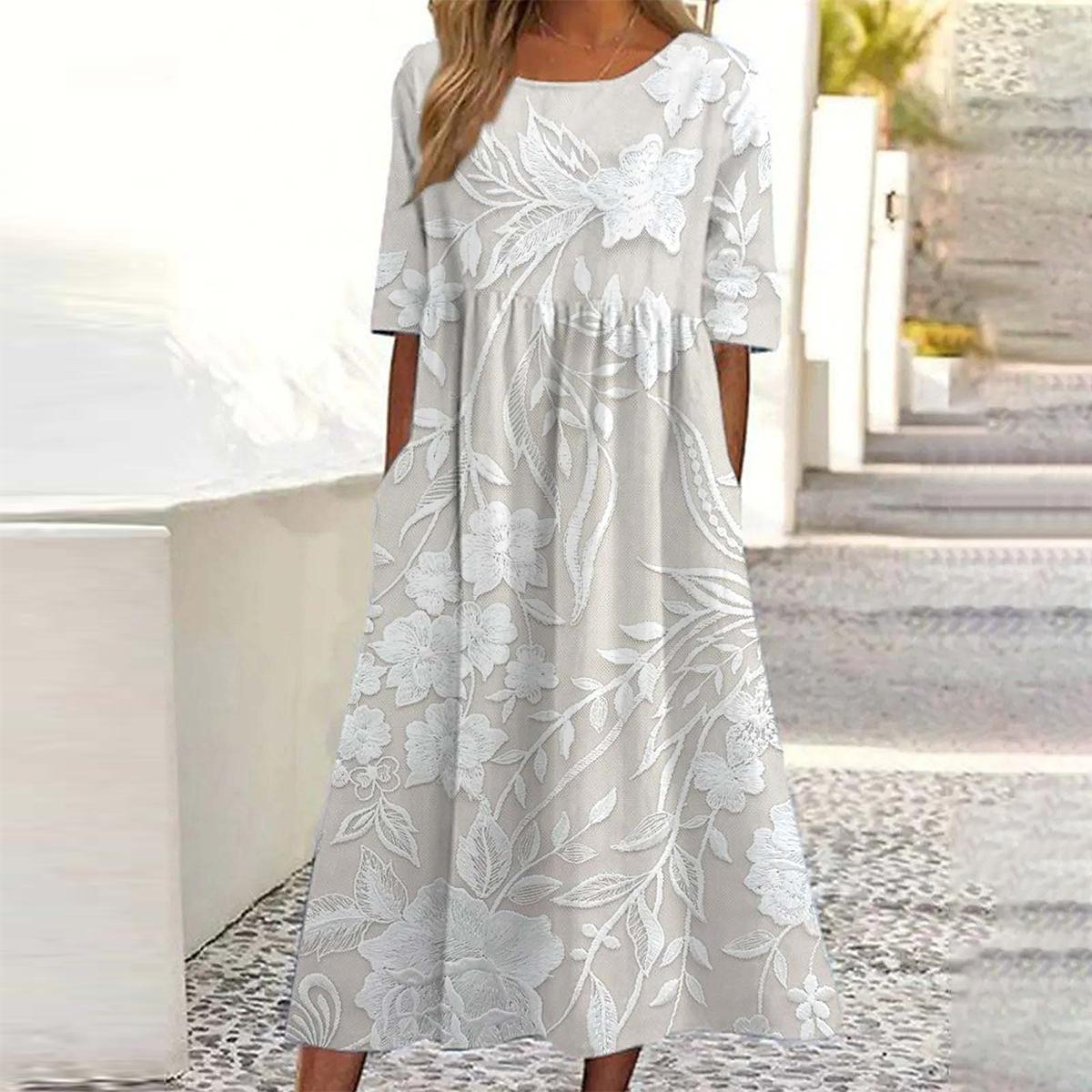 CD | Rochie lungă florală atemporală cu mâneci 3/4