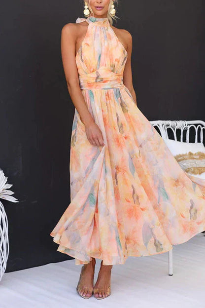 CD | Rochie maxi pentru femei - halterneck - talie adunată - A-line fluidă - amestec respirabil