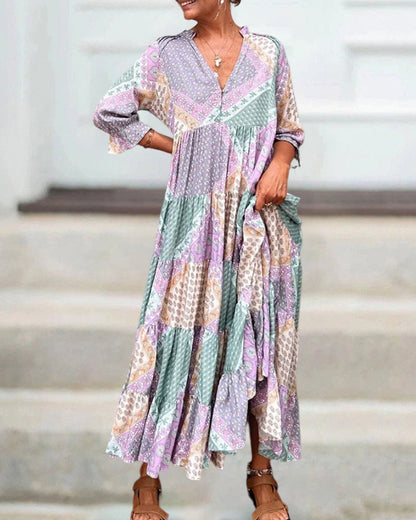 CD | Rochie maxi colorată cu imprimeu colorblock și mâneci 3/4